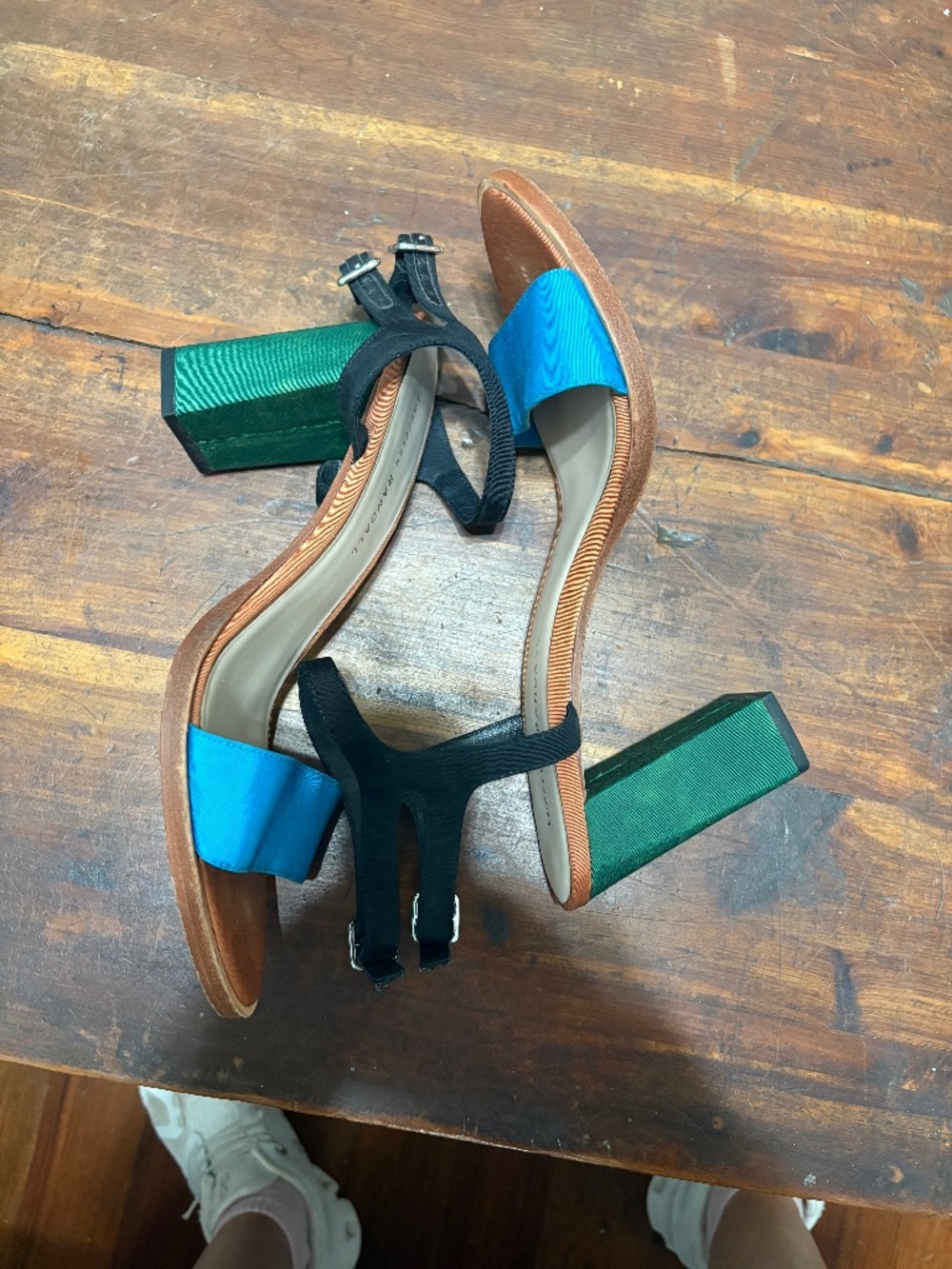 Loeffler Randall Green Black Turquoise Block Heel Ankle Strap Shoes Size 8B